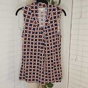Banana Republic Sleeveless Geometric Chain Link Ruffle Neck Blouse - Navy/Orange
